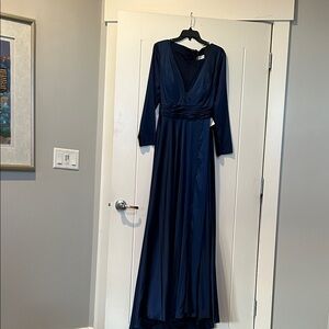 Holiday-Sophisticated Long Sleeve Navy Satin Evening Gown